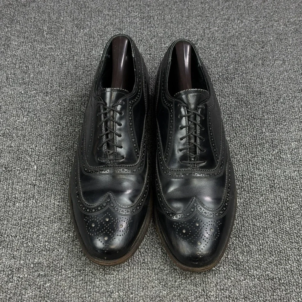 Vintage Florsheim Black Leather Full Brogue Wingtip Oxford Shoe Mens 9.5 C 20330